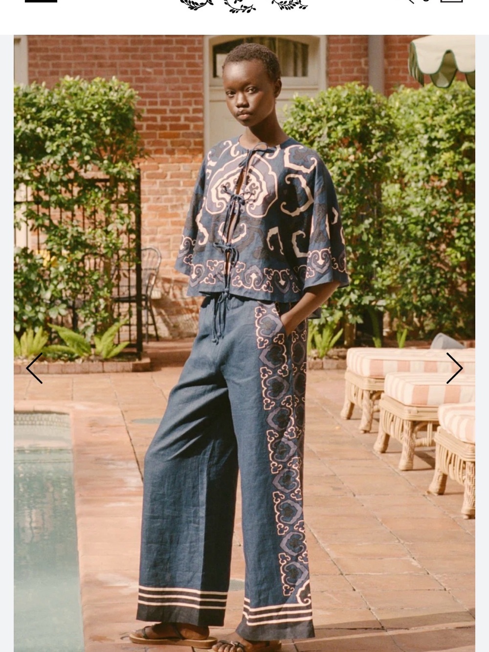 Sea New York Indigo Wide-Leg Linen Pants with Cream Embroidery